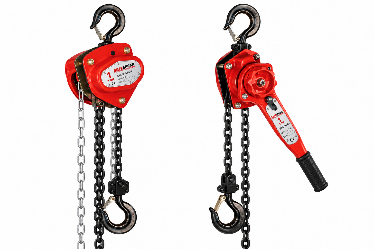Red Safespear branded chain block and lever hoist illustrations