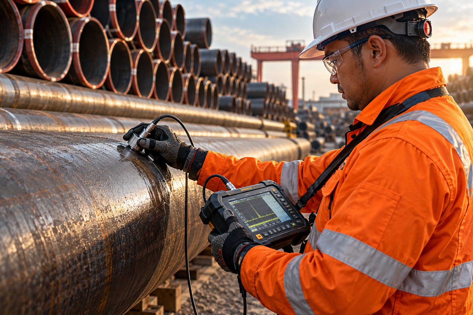 Technician performing ultrasonic inspection on steel tubulars in an industrial pipe yard