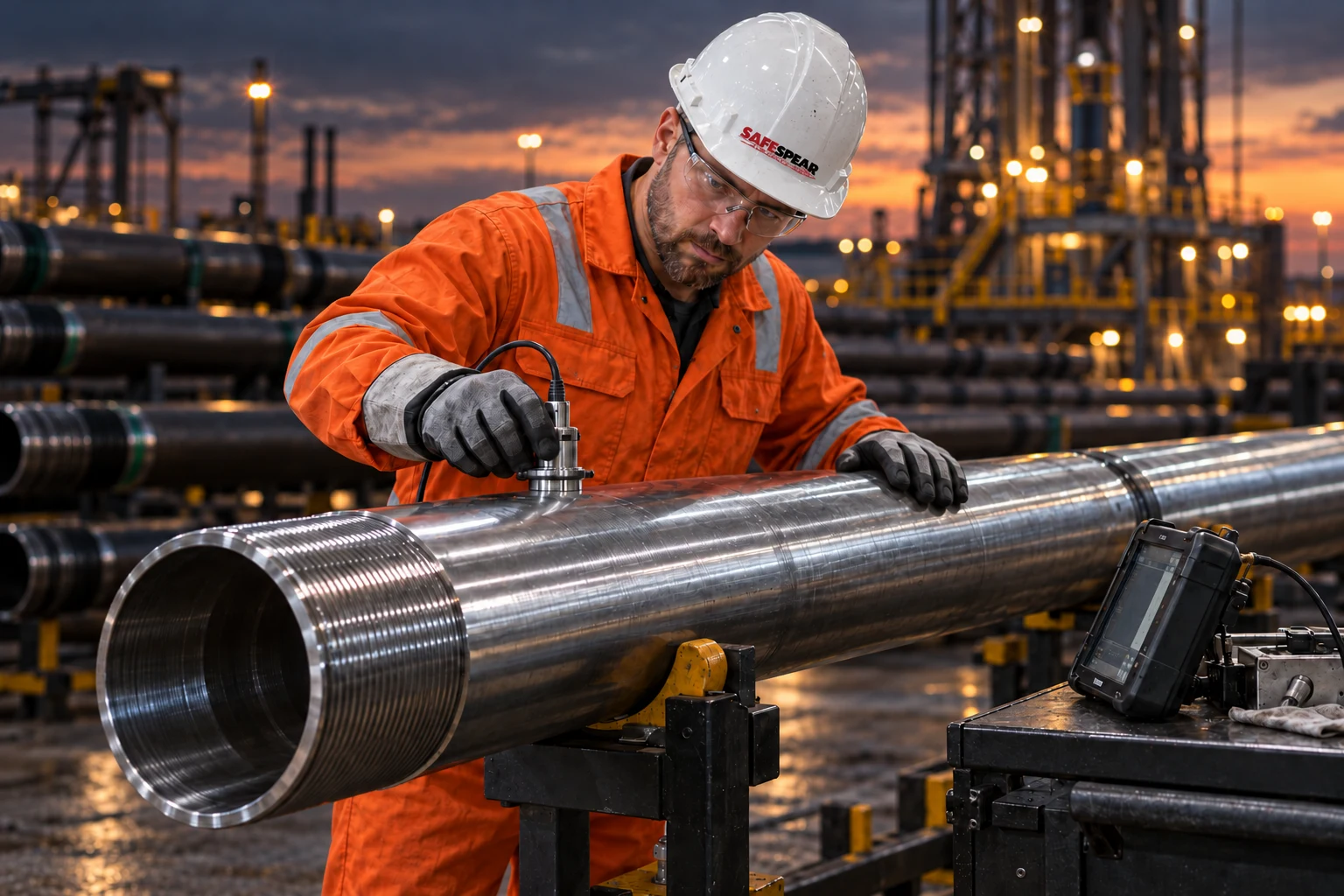 Technician inspecting a clean polished steel tubular in an industrial workshop