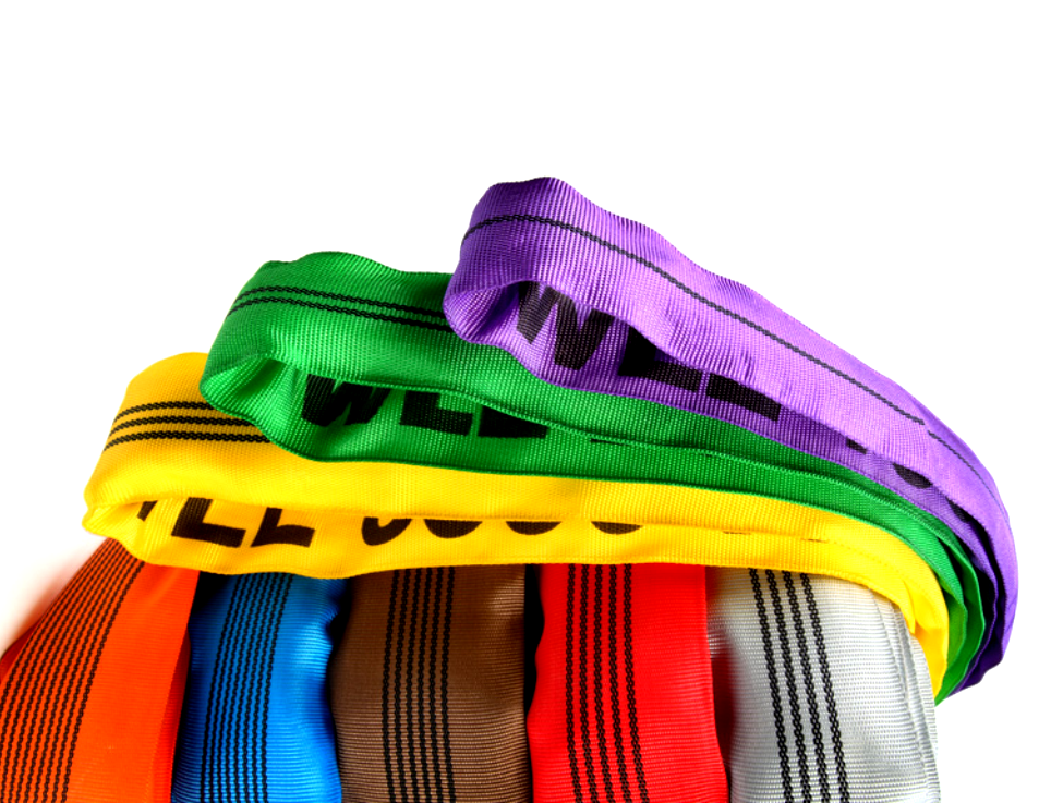 Neatly arranged colour-coded polyester round lifting slings